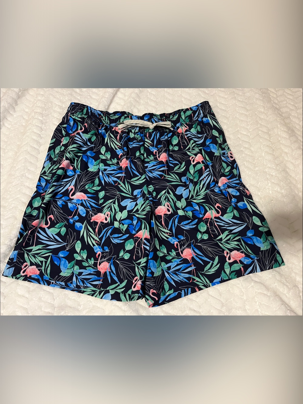 Sonoma Navy Swim Trunks with Pink Flamingo & Blue-Green Leaf Print